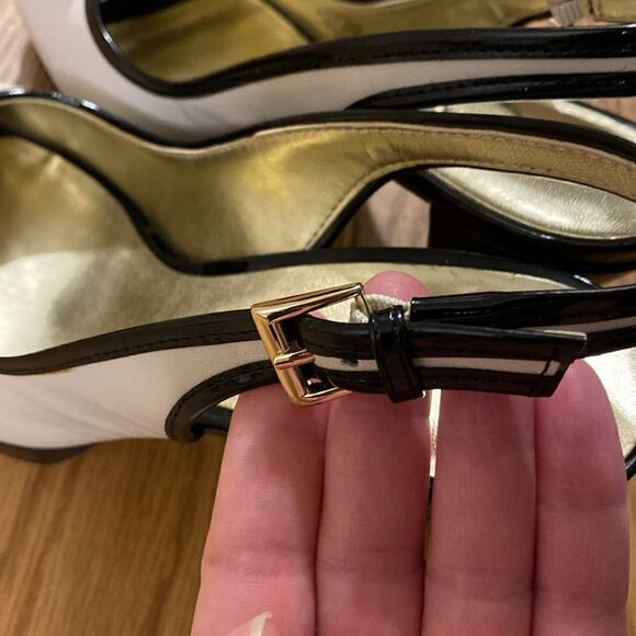 AK Anne Klein Akemani Ivory Black Beaded Slingback Peep Toe Heels (Size 9) - Picture 5 of 12